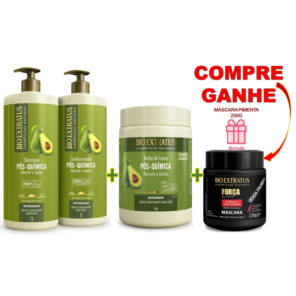KIT PÓS QUÍMICA BIO EXTRATUS: 1 SH 1L + 1 COND 1L + 1 BANHO 1KG + 🎁BRINDE 1 MASCARA PIMENTA 230G