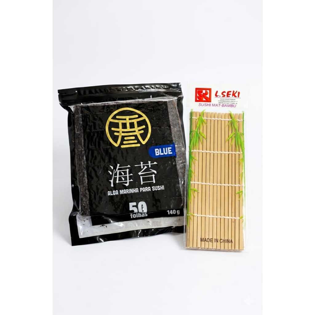 Kit Sushi Completo Alga Nori Blue + Esteira de Bambu 24cm Para Sushi, Temaki e Hot Roll