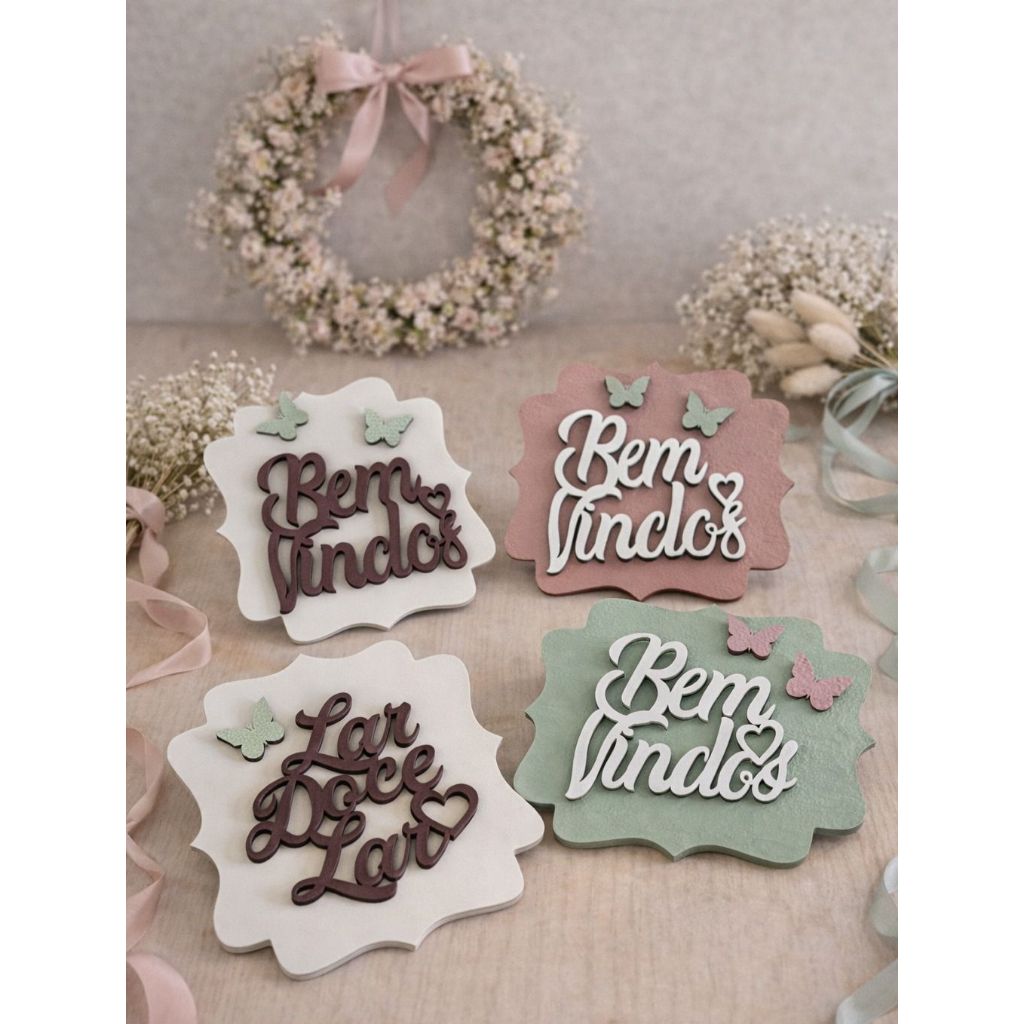 Tag Bem -Vindos e Lar Doce Lar / kit 4 peças /decoração MDF/uso indicado em escapulário ou guirlanda/tamanho 18x17cm
