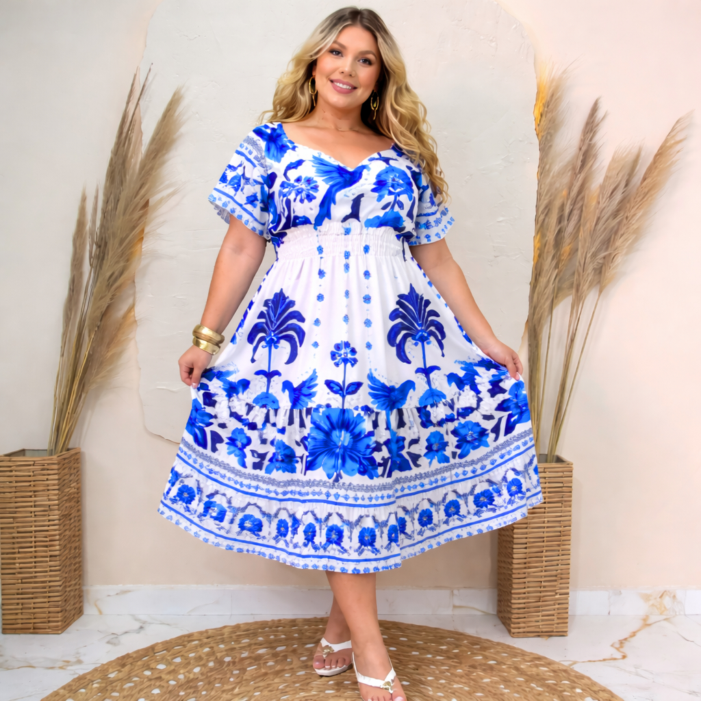 vestido plus size, GG vestido tropical, vestido midi, vestido com babado, vestido verão mujer