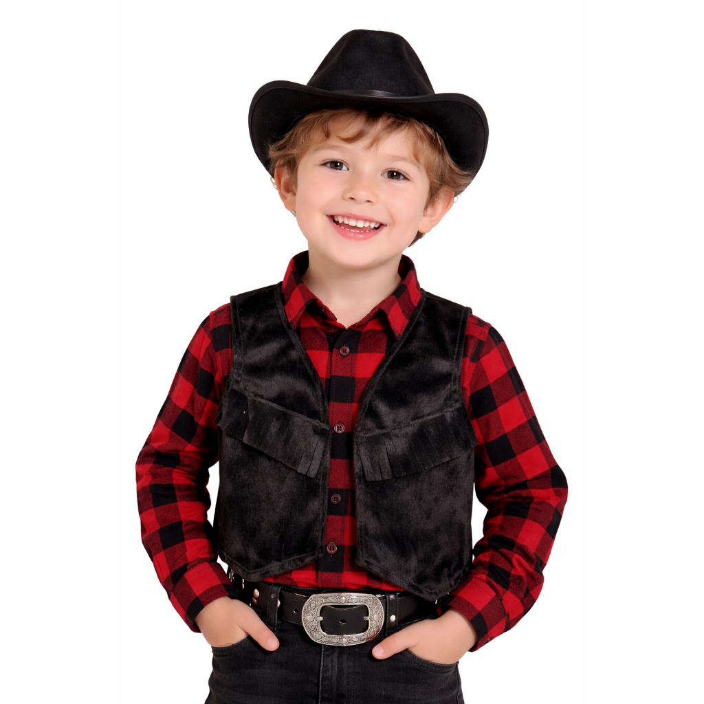 Kit Infantil Estilo Cowboy Preto – Chapéu + Colete com Franja