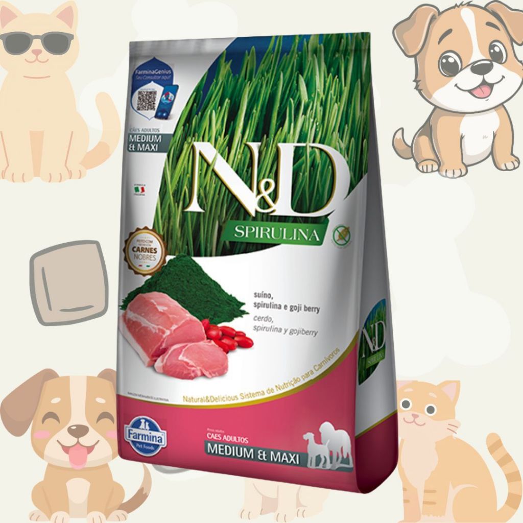 Ração P/Cães Adult. N&D Spirulina Medium & Maxi Sabor Suíno 10,1kg