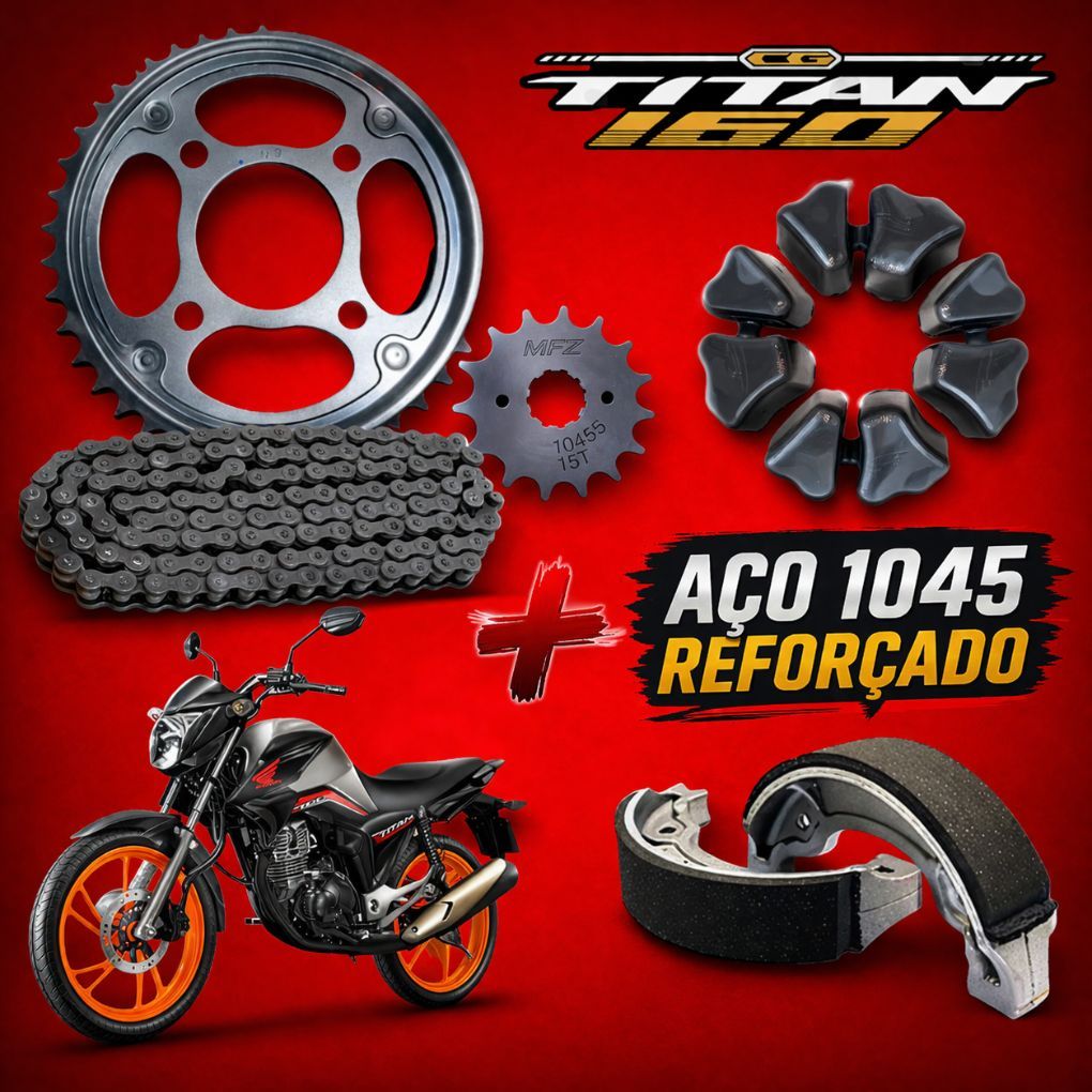 Kit Relação Transmissão traçao Cg Titan160/ Fan160 /Start160 2016 à 2025 Aço1045 + Lona Freio + Coxim Coroa
