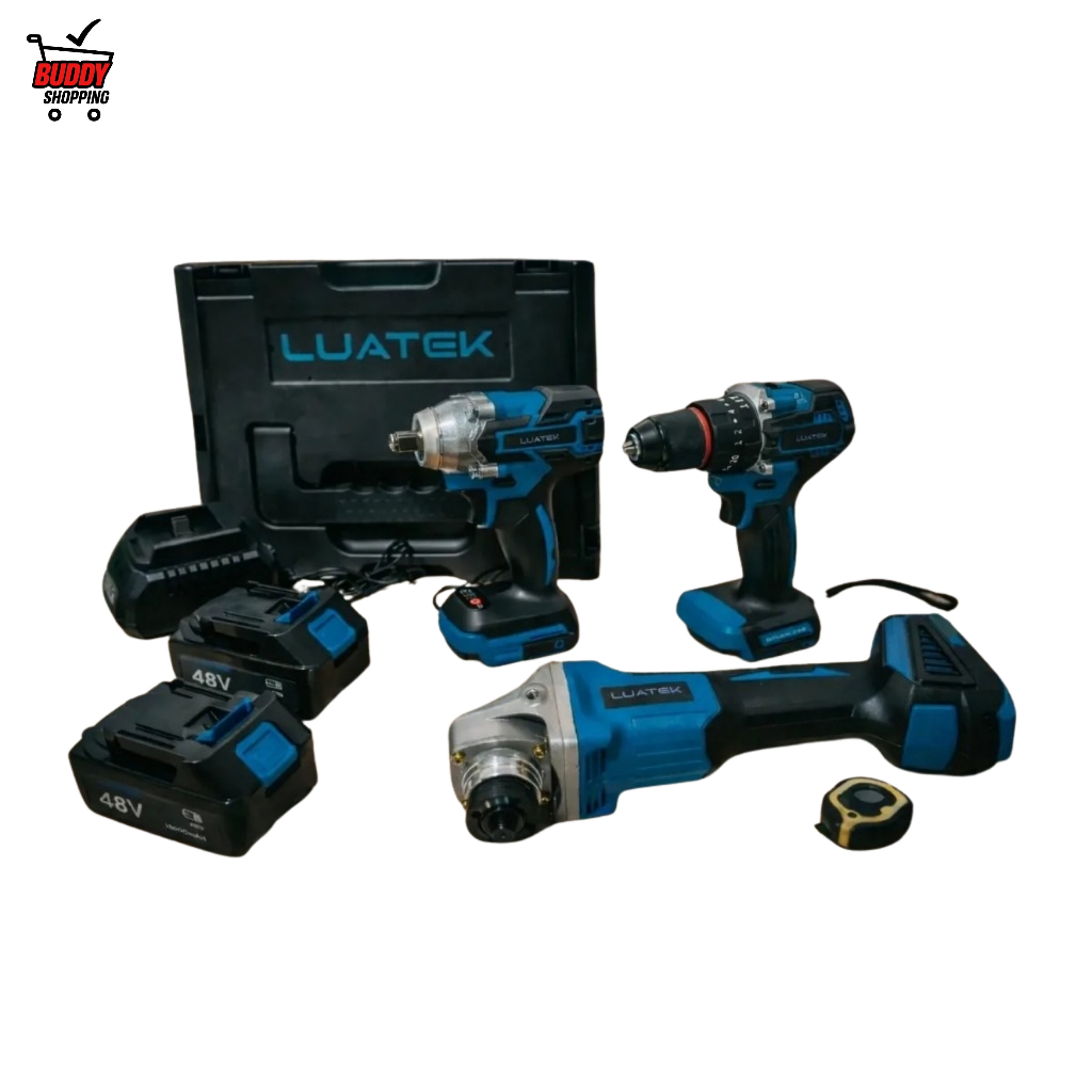 Kit Ferramentas Sem Fio Profissional 3 em 1 Parafusadeira Impacto Esmerilhadeira A Lítio 48V 2 Bat.Luatek LWJ-298