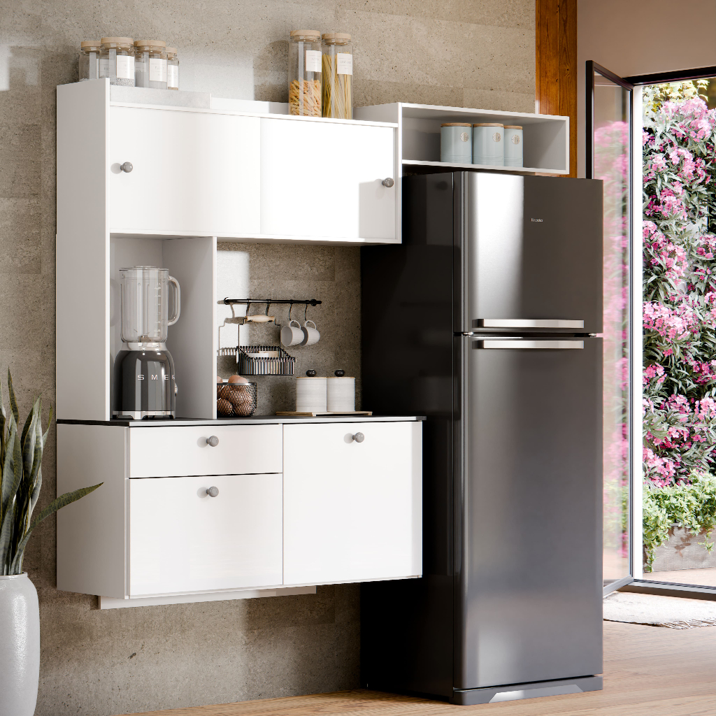 Armário de Cozinha Completo Sala de Jantar Suspenso 150CM Balcão 4 Portas e Gaveta Com Nicho Lara