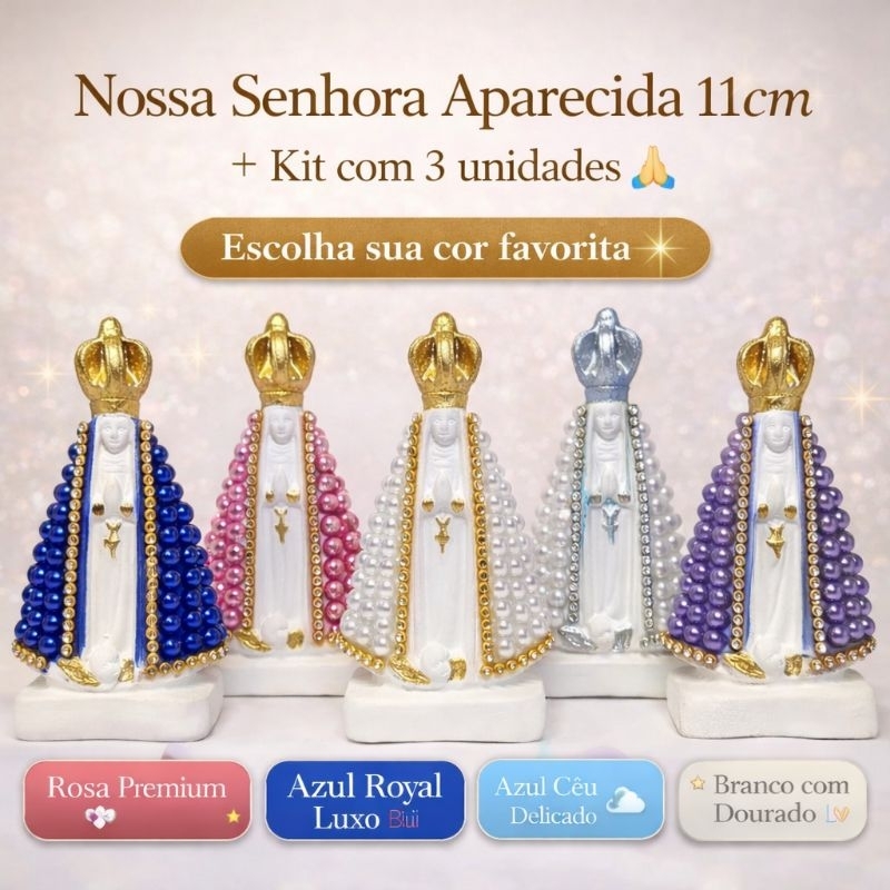 Nossa Senhora Aparecida 11cm Kit 1 ou 3 Unidades ✨ Perolada com Strass Cores Variadas Imagem Religiosa Premium