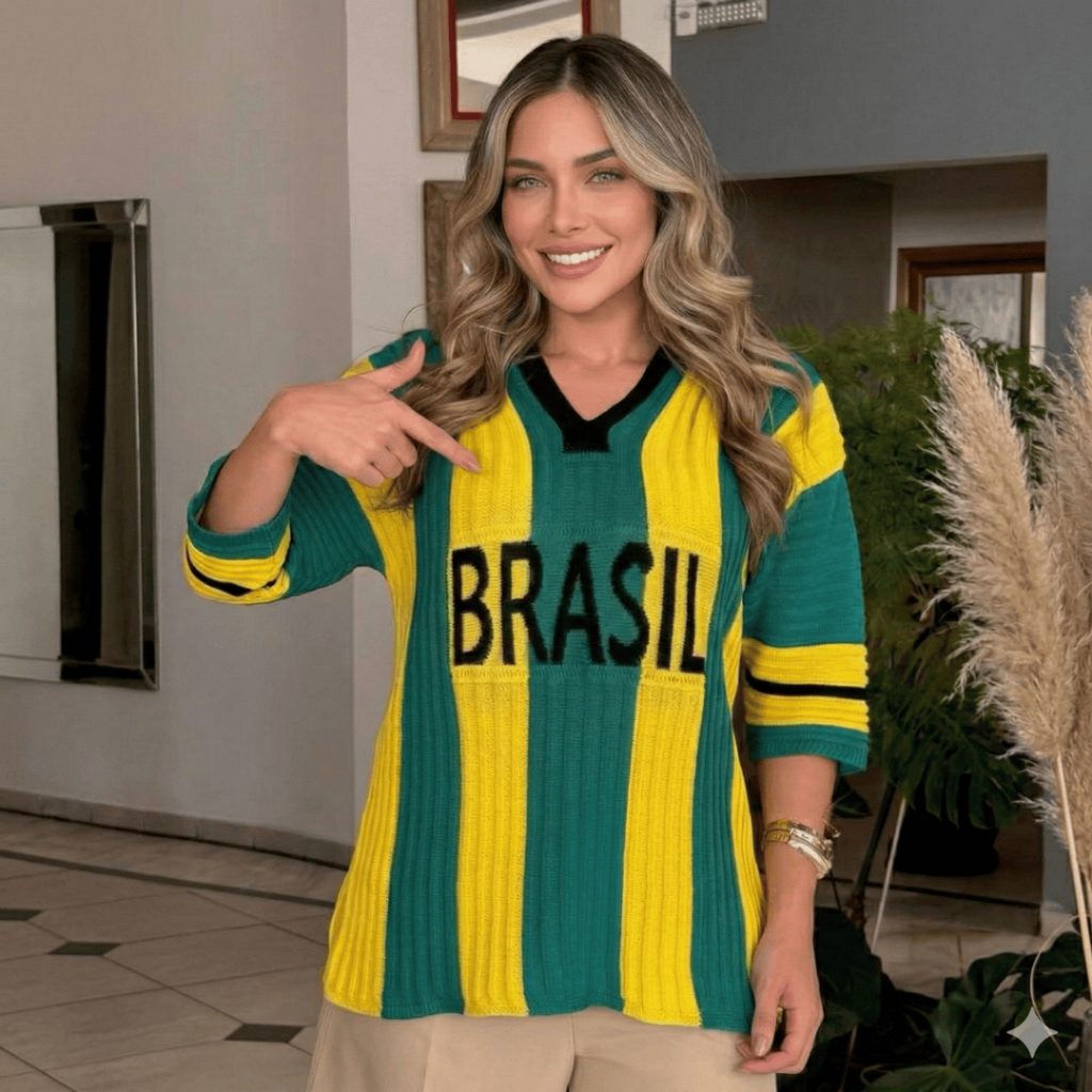 Blusa Feminina Brasil Camiseta de Tricot Copa do Mundo 2026 Decote V  Blusinha Verde e Amarela