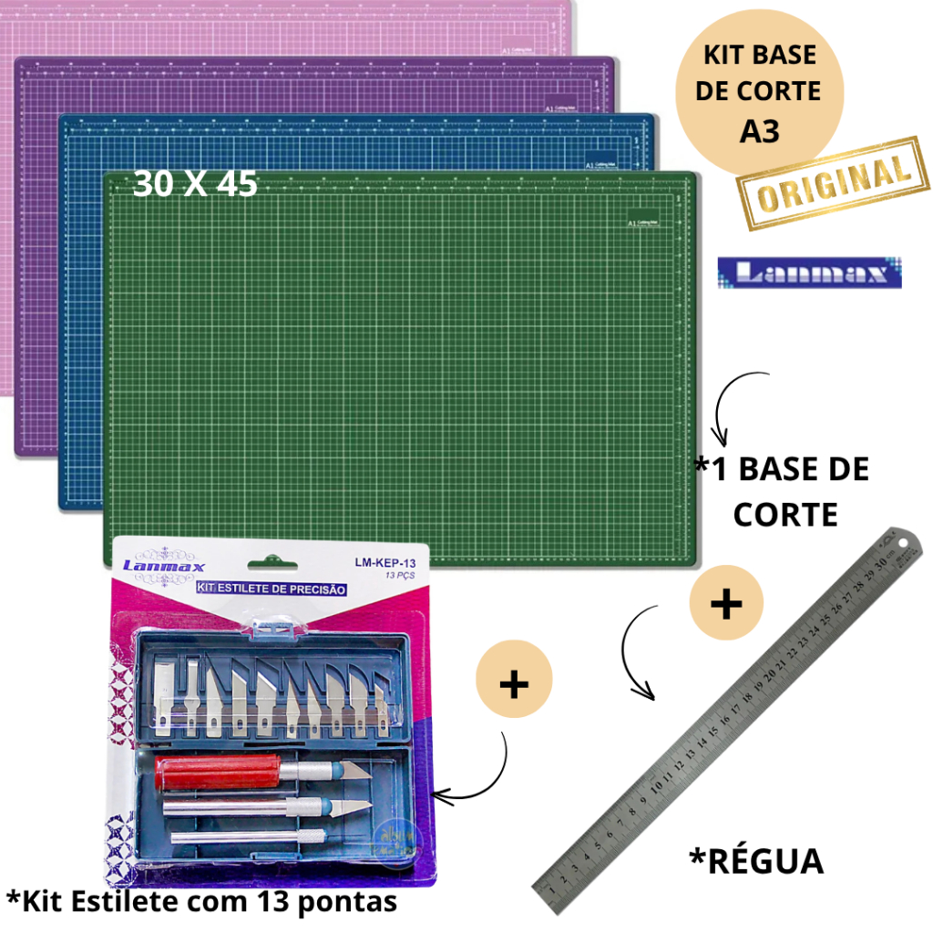 kit Base de Corte - Patchwork- LANMAX - A3 + Régua de aço 30 cm + kit Estilete tipo Bisturi c/13 pontas