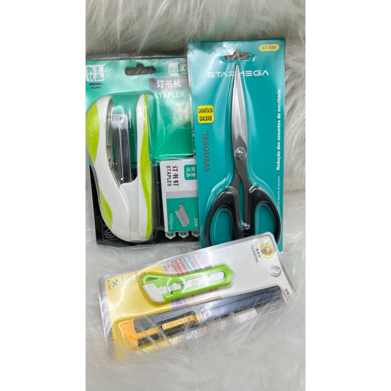 kit papelaria tesoura estilete grampeador kit papelaria escritório