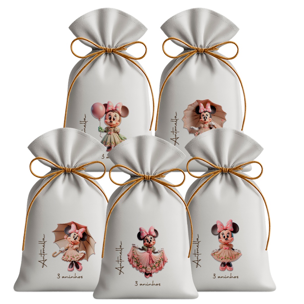 Saquinho Sacolinha Lembrancinha Festa Aniversário Infantil Tecido Personalizado Minnie 3D