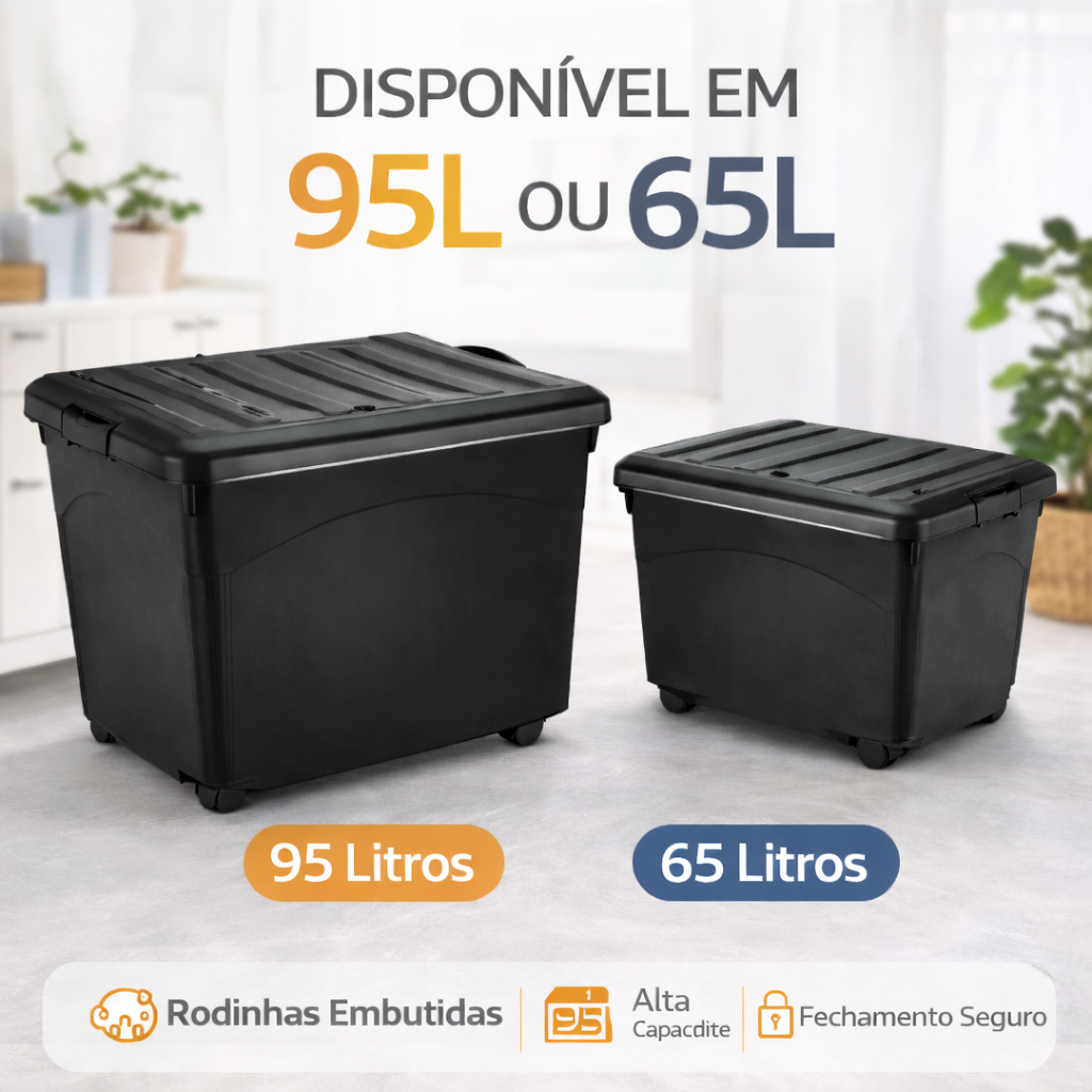 Caixa Organizadora 95L 65L Reforçada com Tampa e Trava Rodinhas Embutidas Empilhável Preta em Oferta na Shopee