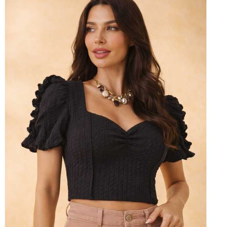 Blusa Cropped Feminina Manga Princesa Decote Coração Texturizada Elegante