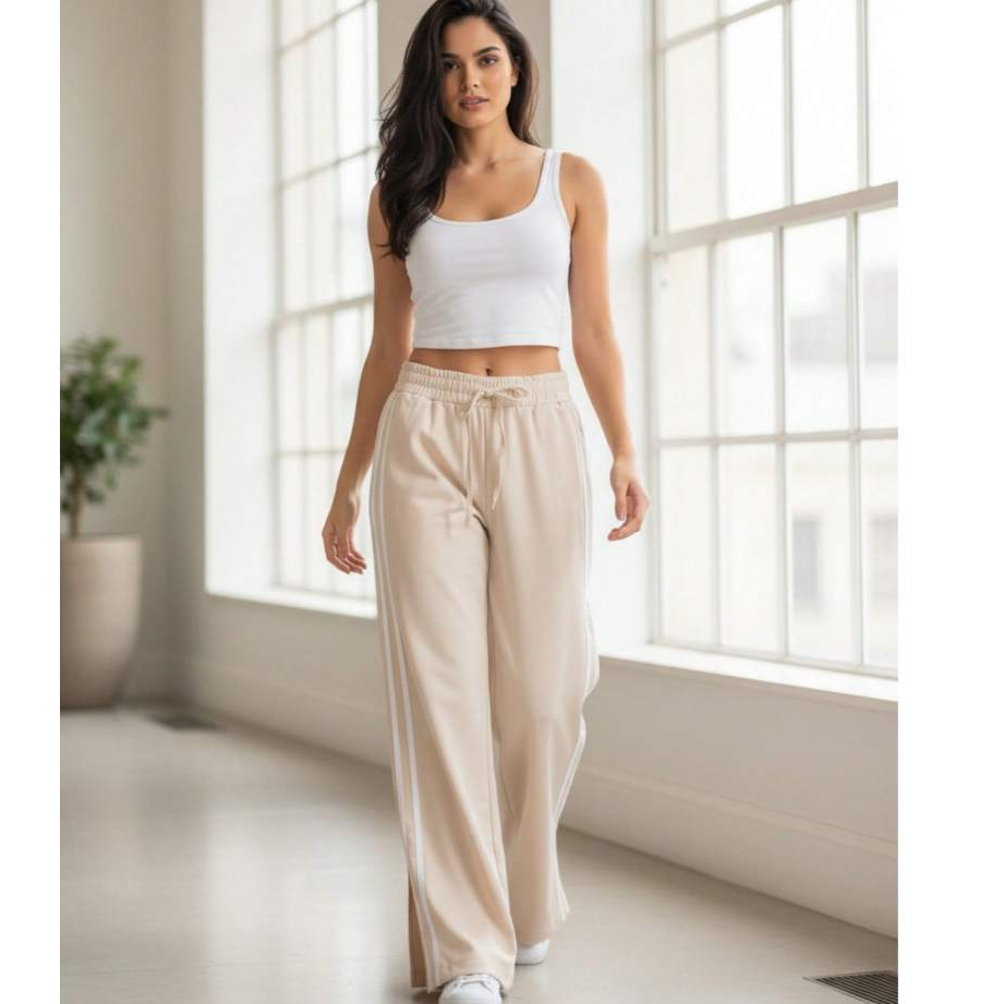 Calça Pantalona Track Pants Listras Laterais Elastico Flexivel na Cintura Mini Fenda Inferior