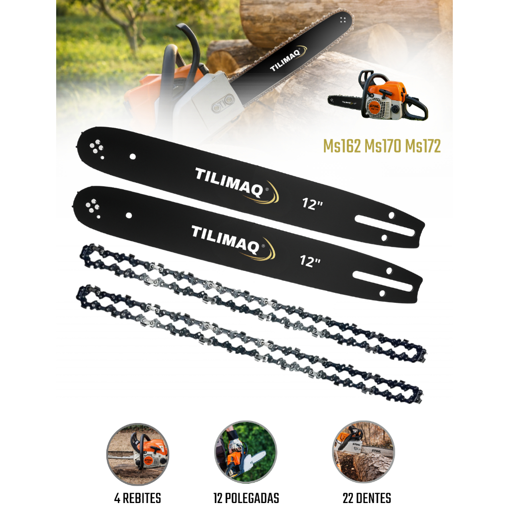 Kit 2 Sabre Saibro Barra Facão Espada Guia 1.3mm + 2 Corrente 22 Dentes 1.3mm Motosserras Stihl Ms 170 210 180 180c 193T