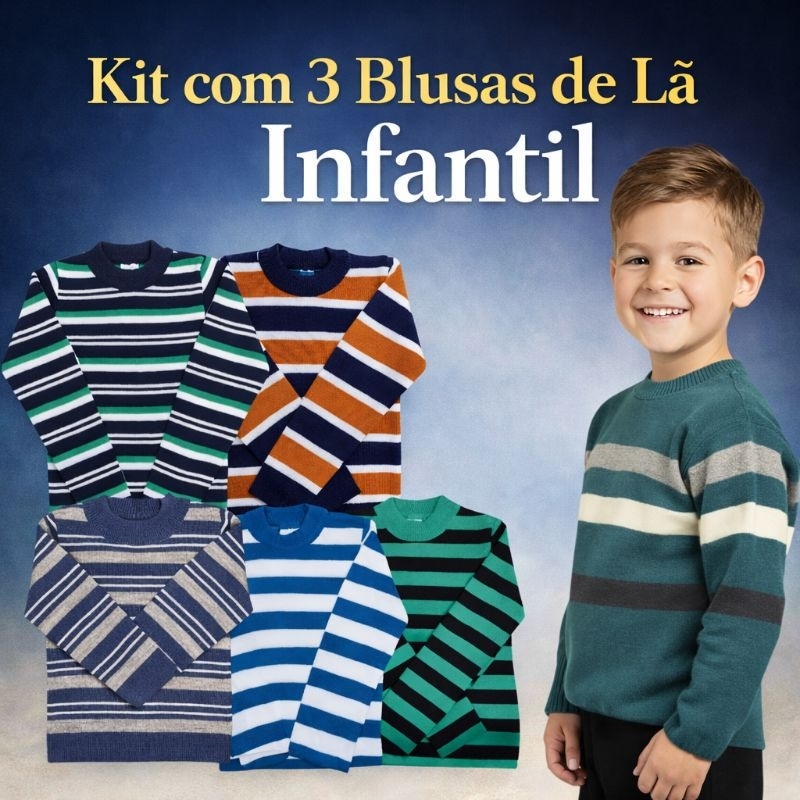 Kit com 3 Blusas de Tricot Lã Masculina Infantil/Juvenil e Bebê para Inverno de Menino