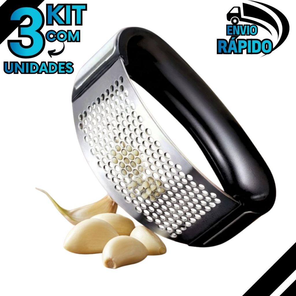 KIT 3 Triturador Espremedor Amassador De Alho Inox Premium Manual A Pressão