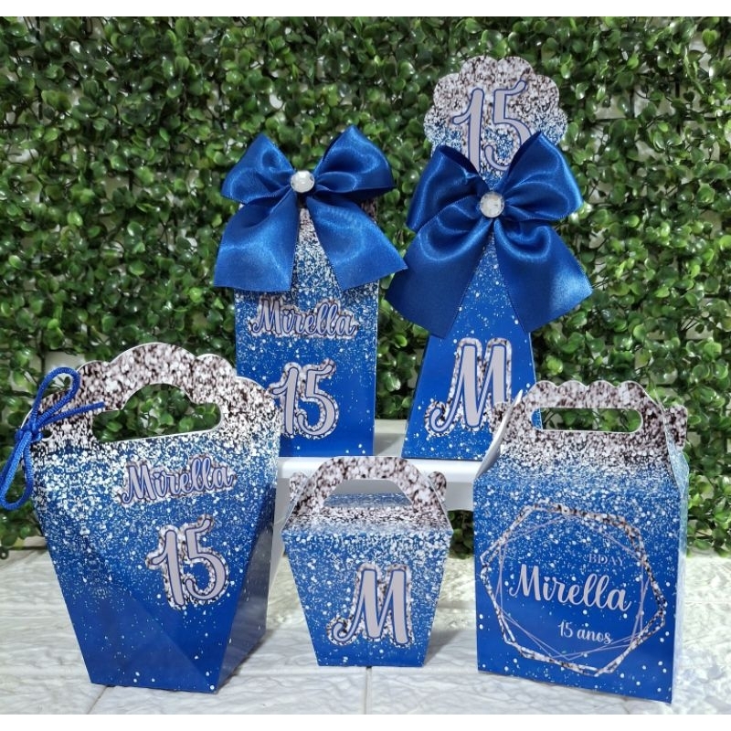 Kit Caixinhas 15 anos, Azul/Prata. Lembrancinha Personalizada Festa Aniversário (FAZEMOS TDS IDADES)