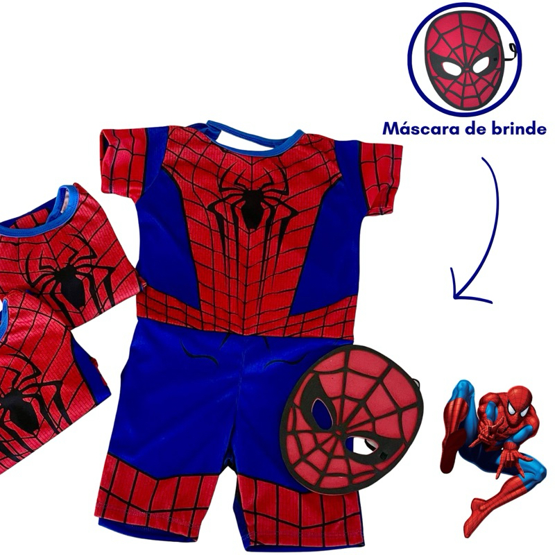 Fantasia Infantil Homem Aranha Super Herói com Máscara – Roupa do Personagem Completa para Crianças