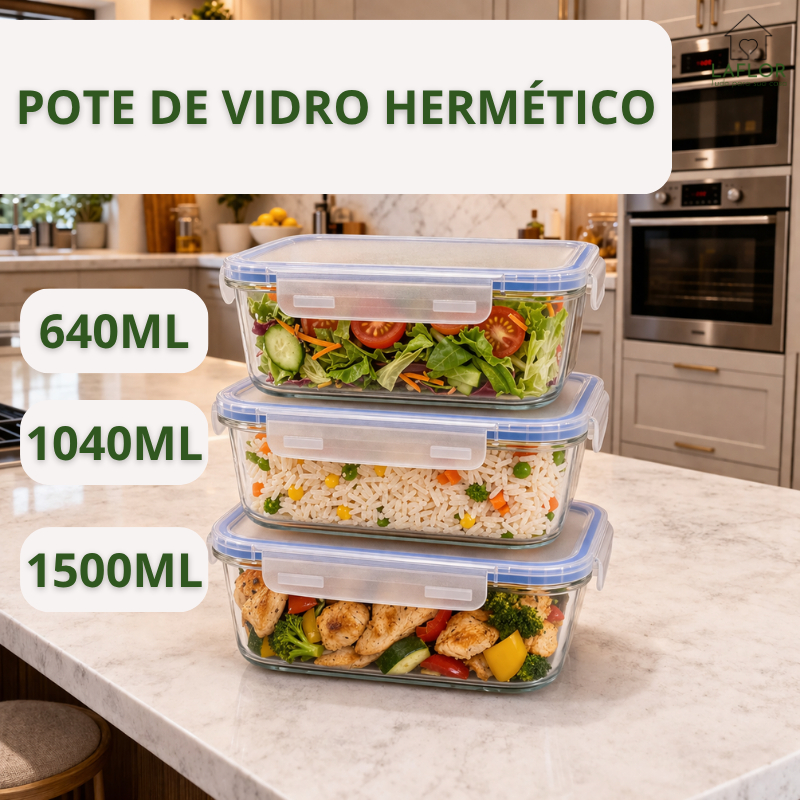 Pote de Vidro Hermético Retangular 4 Travas Marmita Microondas Freezer Armazenamento Comida Fit