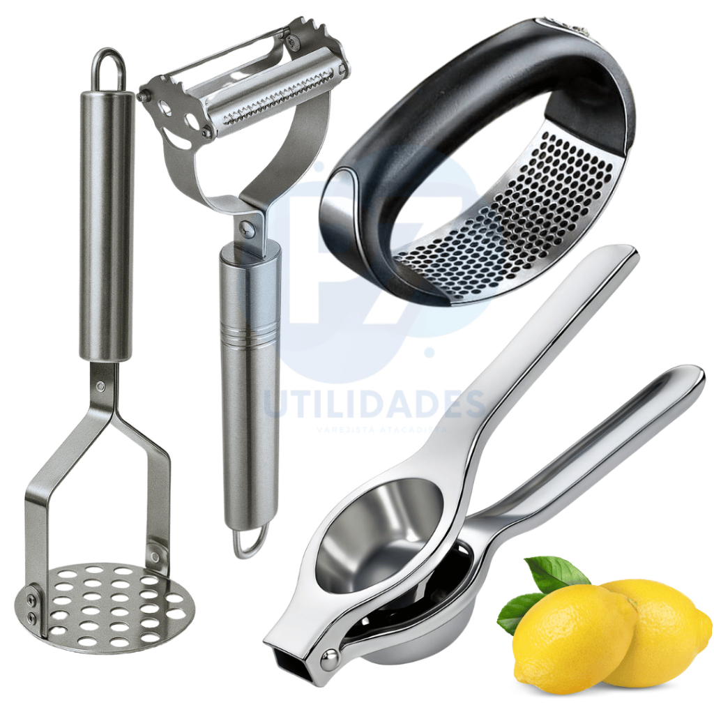 Kit Cozinha Triturador de Alho Descascador de Legumes 2 em 1 Espremedor de Limão Amassador de Batata