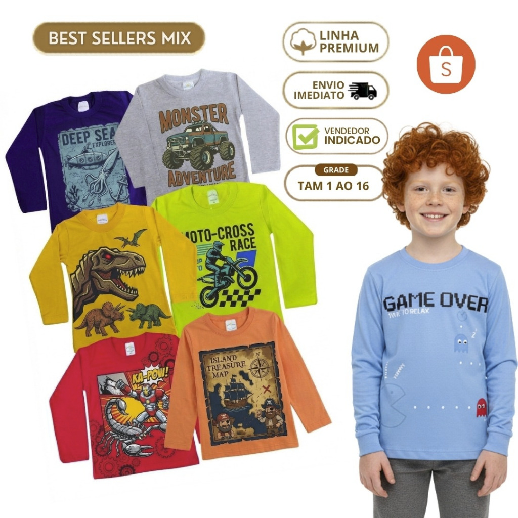 Kit 5 Camiseta Manga Longa Menino Camisa Frio Blusa Infantil Masculina Inverno Algodão Personagem e Lisa 1 ao 16 anos