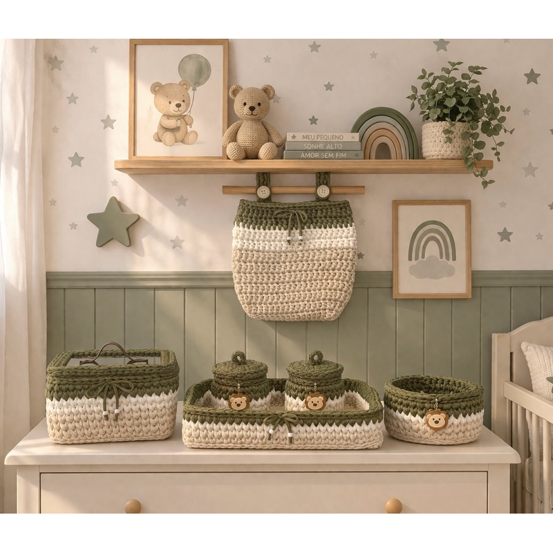 kit Higiene Bebê Feito em Crochê com fio de Malha - Produto Artesanal - Decoração Quarto do Bebê - Enxoval