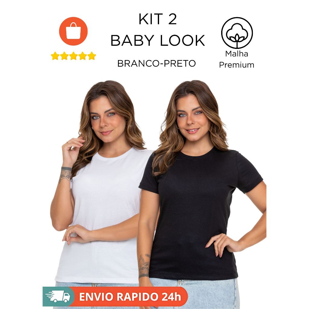 Kit 2 Camisetas Feminina Baby Look Algodão Básica Casual