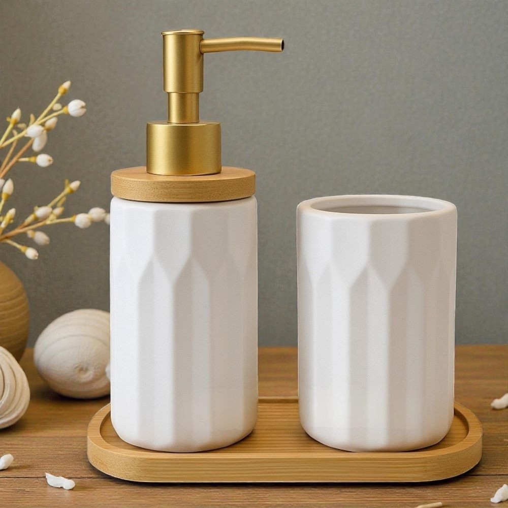 Conjunto Kit Banheiro Lavabo Cerâmica Saboneteira Liquida e Porta Escovas Porcelana