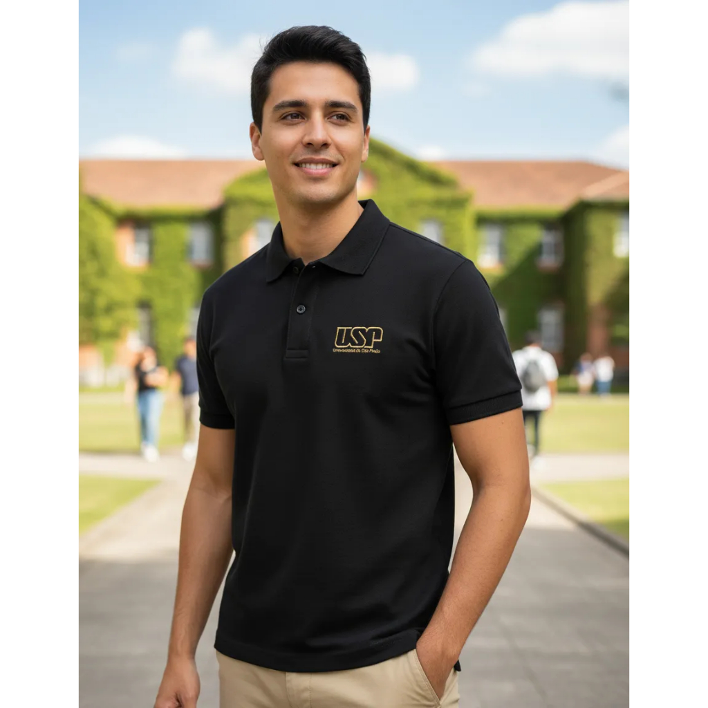 Camiseta Pólo Faculdade USP Masculina em Piquet Estampa em Silk Screen mais Classe em Seu dia a dia