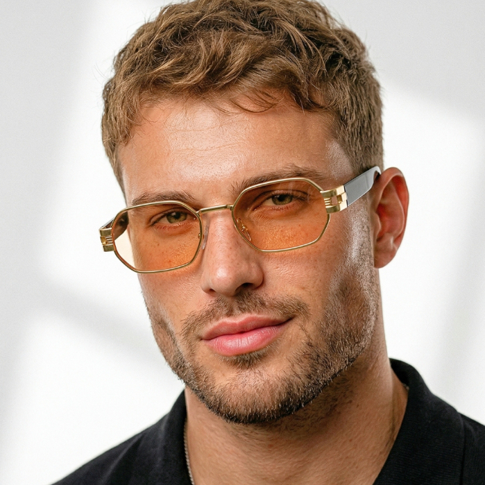 Óculos de Sol Dourado Laranja Claro Premium Retangular Tendencia em Alta Vintage uv400 Masculino