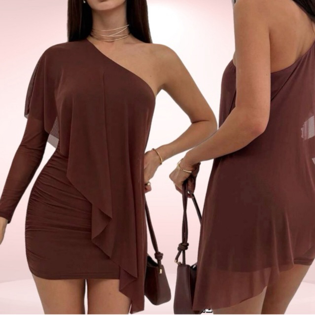 Vestido Nula Manca Suplex Morcego Tule Tubinho Manga Única Elegante Gringa