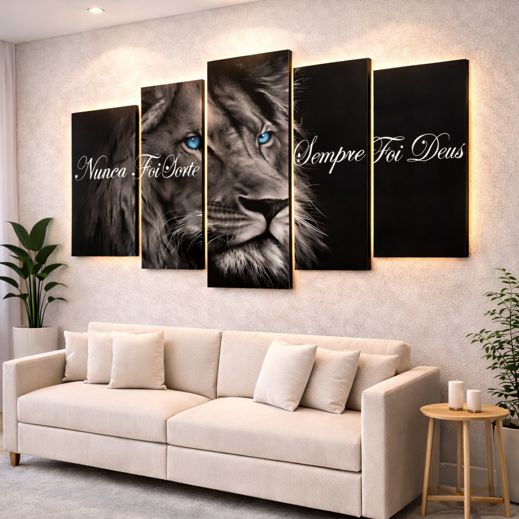 Quadro Decorativo Mosaico Leão de Juda Olho Azul Nunca Foi Sorte Sempre Foi Deus Sala Quarto Hd