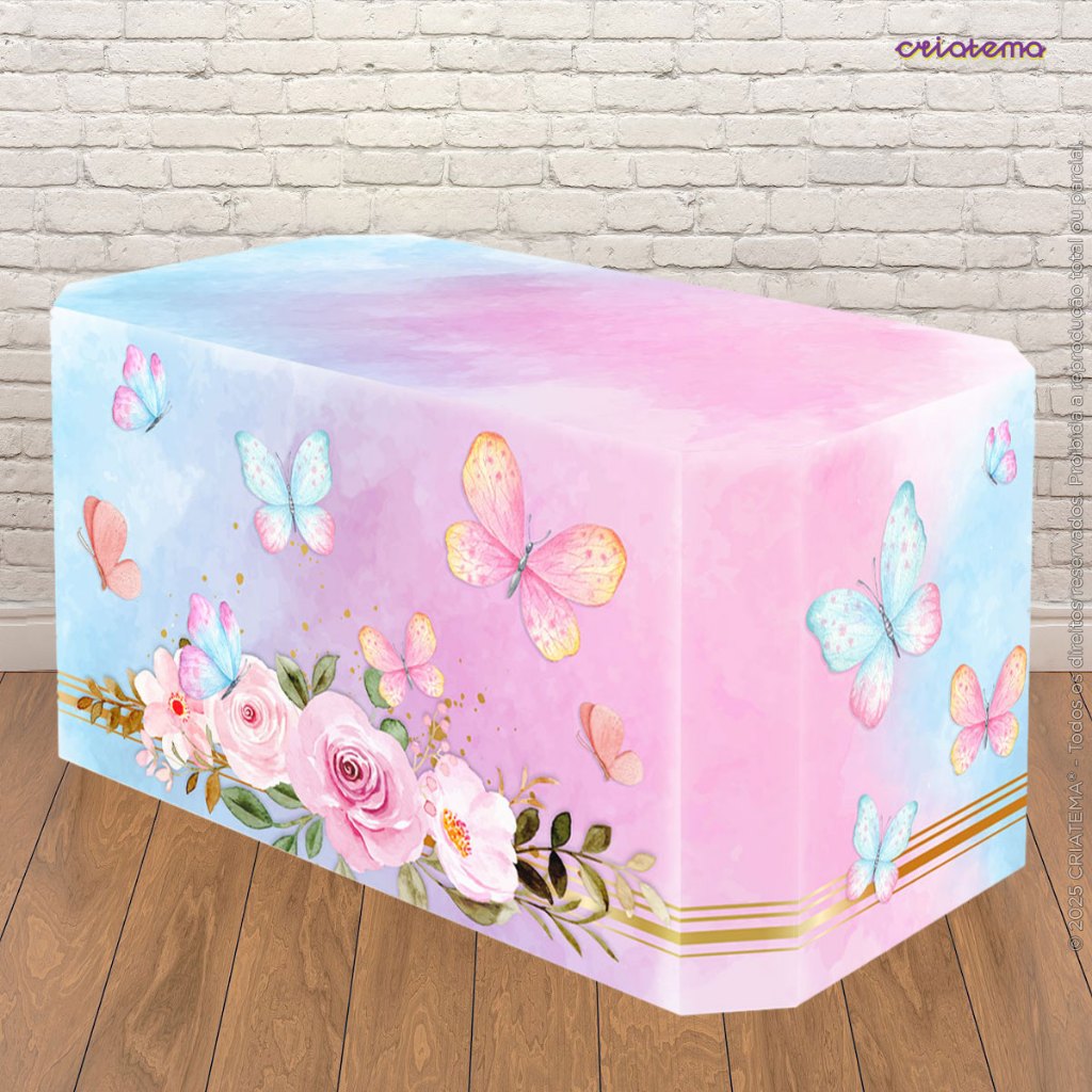 Capa Forro de Mesa Decorativa Borboleta Sublimada Em Tecido Veste Fácil Festa Aniversário