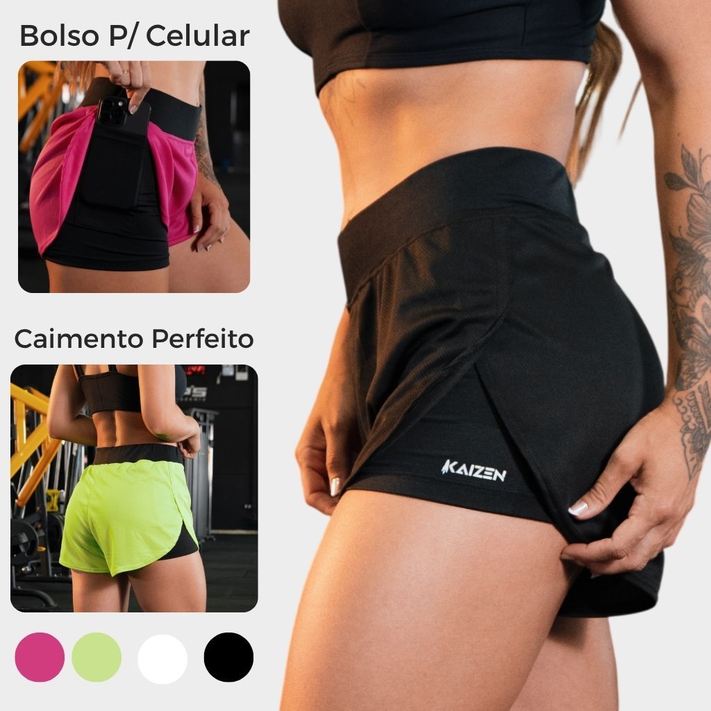 Shorts Feminino 2 em 1 Dry Fit C/ Bolso Porta Celular Kaizen Ideal para Academia, para Treinar em Oferta na Shopee