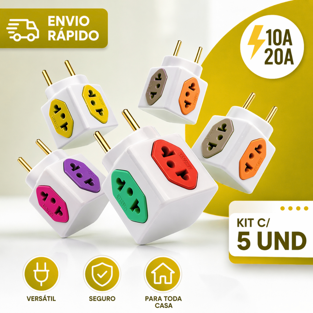 Adaptador de Tomada Benjamin 10A/20A CUBO Pino Maciço Resistente 4 Tomadas Coloridas