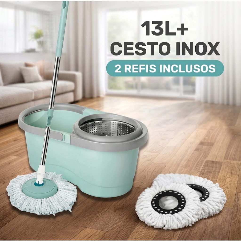 Mop Rodo Giratorio 13 Litros Com Cesto e Cabo Inox Balde - C/2 Refil Lava Seca Centrífuga