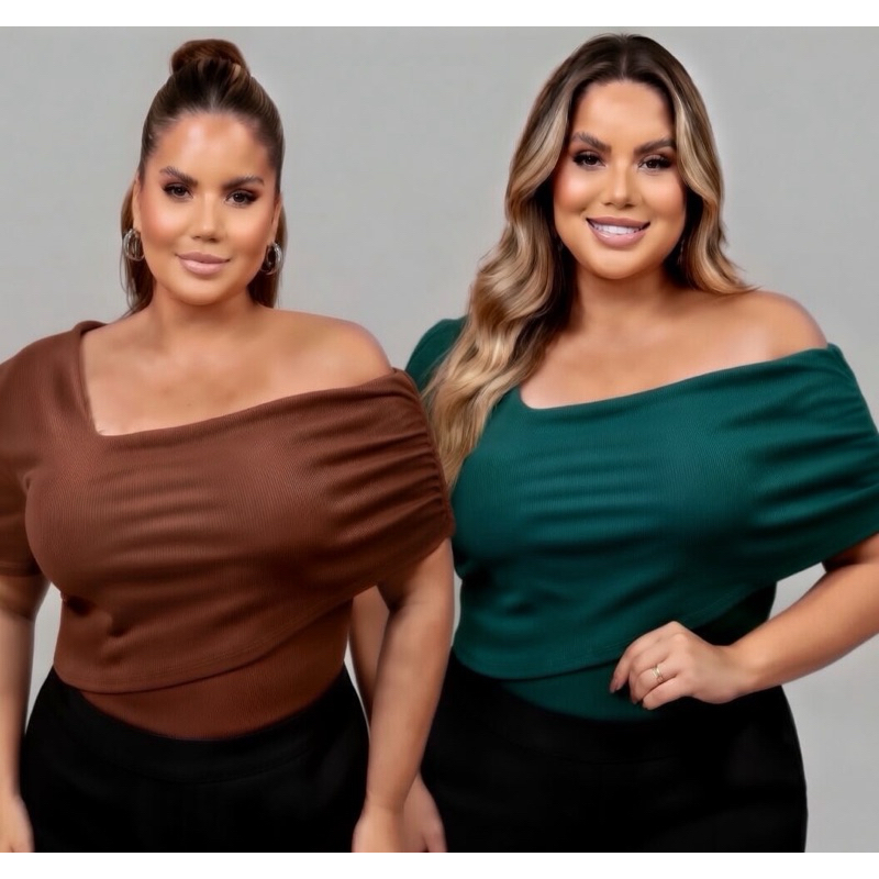 Blusa Plus Size Transpassada Feminina Manga Curta Canelada Elegante Casual