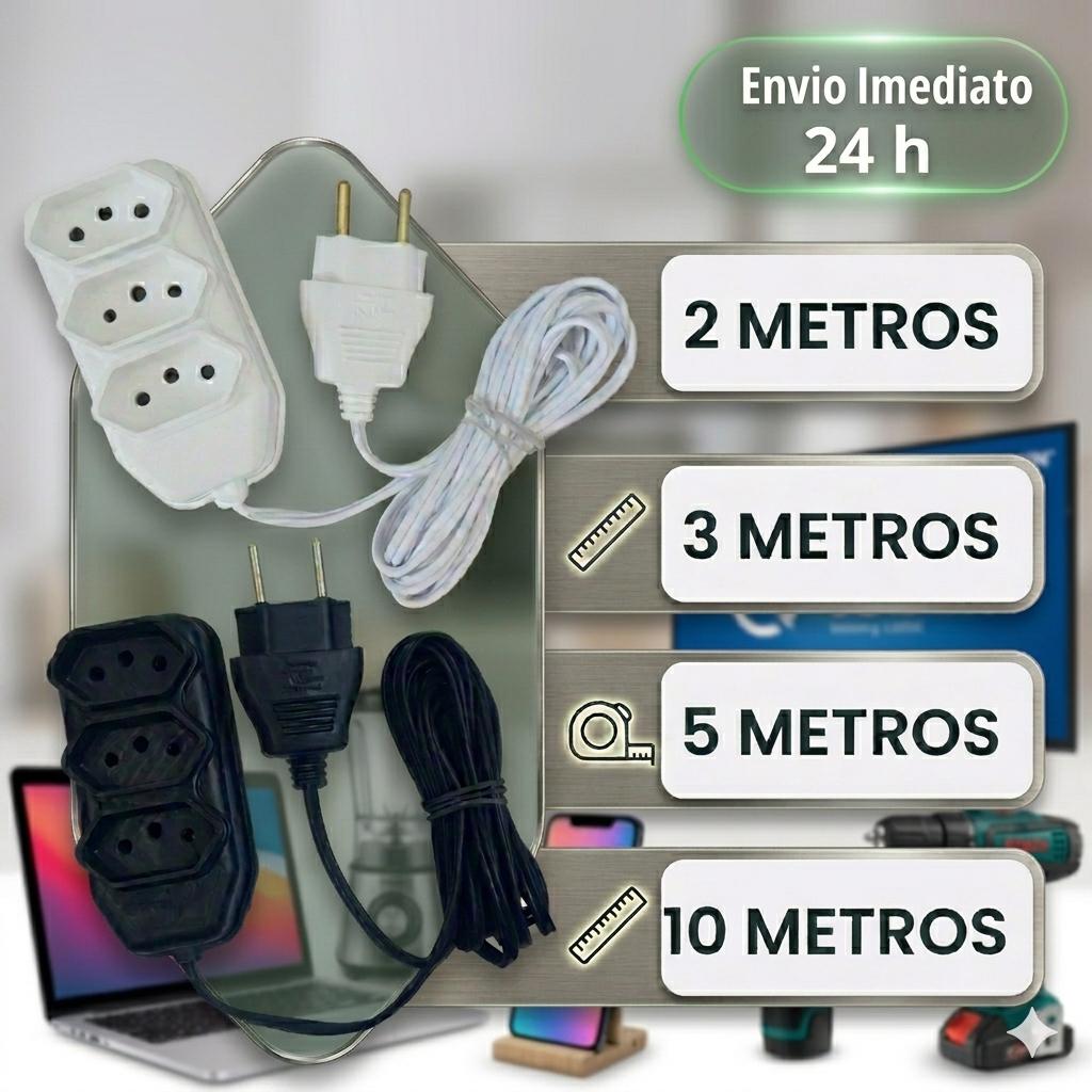 Extensão Elétrica 2, 3, 5, 10 Metros Branca e Preto Extensão Tomadas Compacta