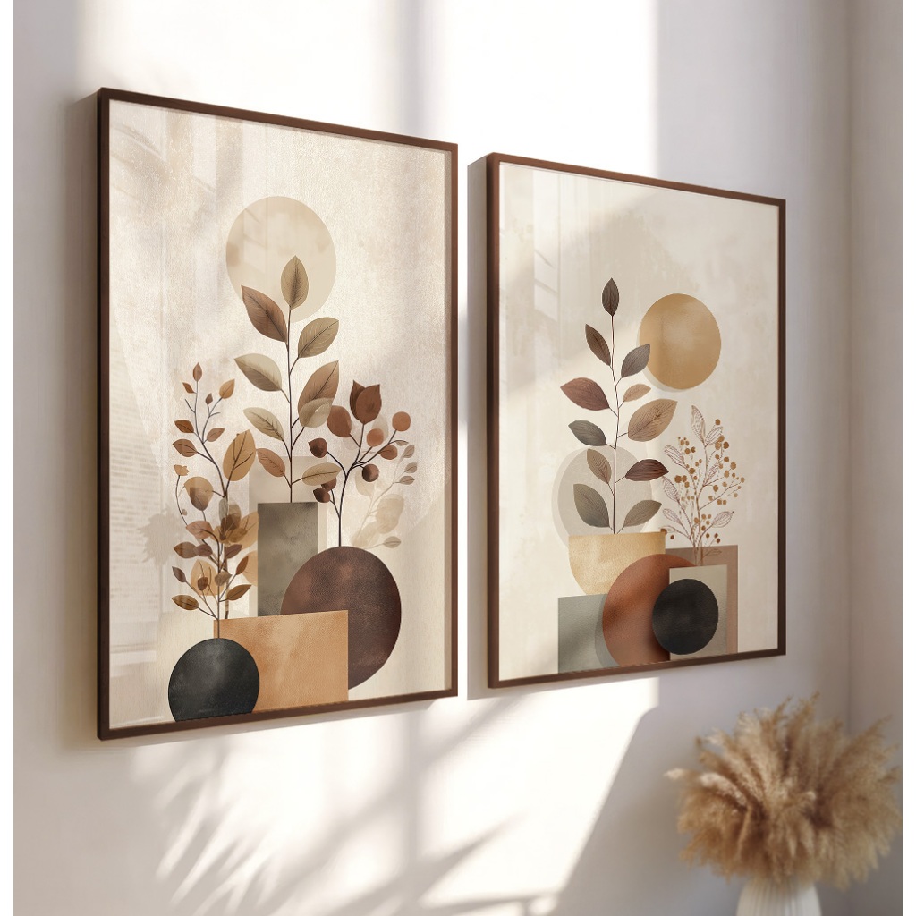 Quadro Abstrato Folhagem Com Moldura Vidro Quadro Decorativo Sala Quarto Grande Vaso De Plantas Duo
