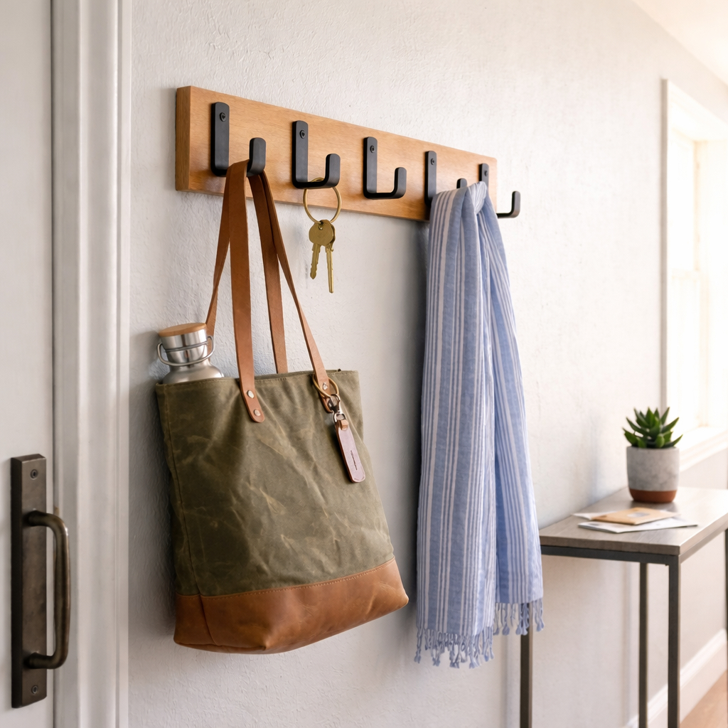 Cabideiro de Parede 5 Ganchos MDF 45cm Organizador Premium Porta Chaves Bolsas Suporte Aço Preto