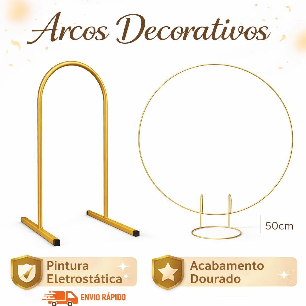 Kit 2 Mini Arcos Decorativos Dourado -Arco Romano + Arco Redondo para Festa e Mesa de Aniversário