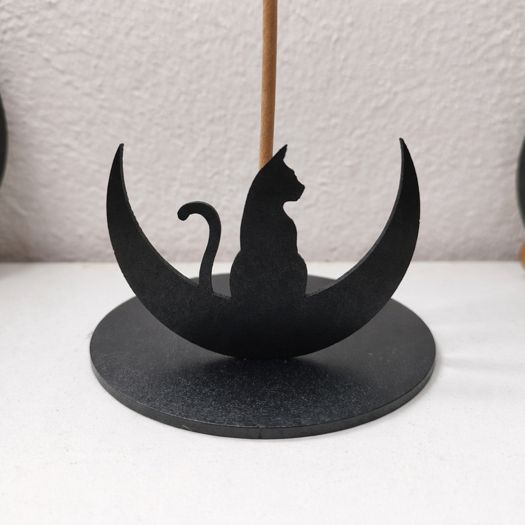 Imagem Porta Incenso Incensário Decorativo 3d Gato Mistico Signos Lua Madeira MDF Preto