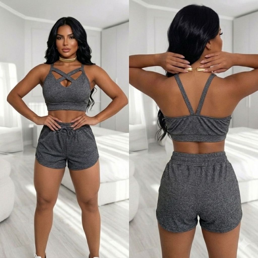 Conjunto Cropped Blusa Feminino e Shorts Canelado Verão