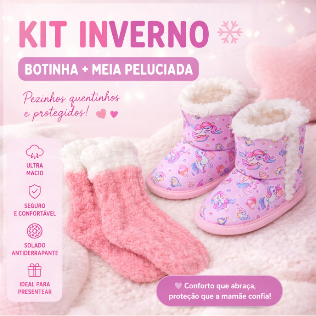 Kit Pantufa Botinha Infantil Menina + Meia Peluciada | Antiderrapante Quentinha