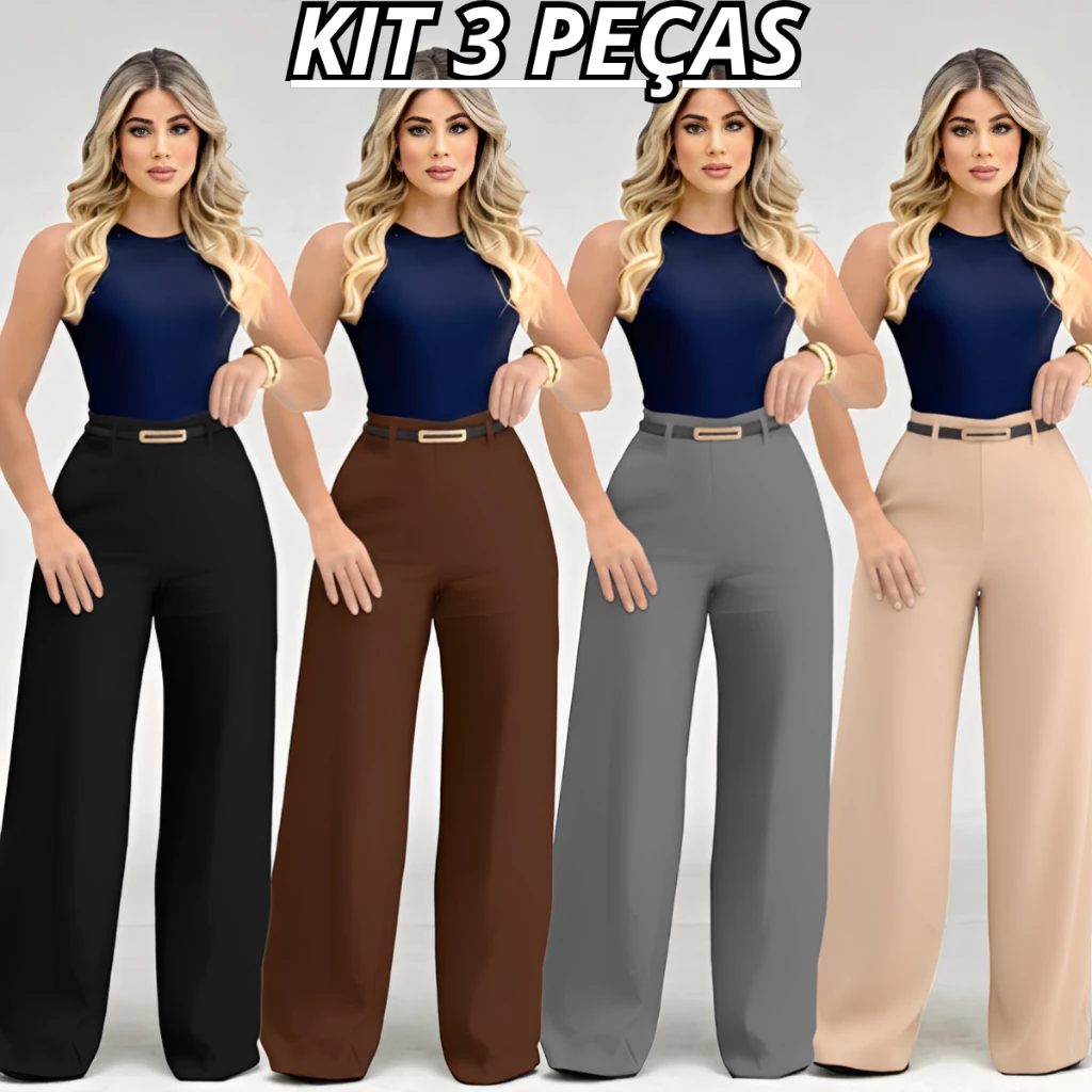 Kit 3 Calça Pantalona Alfaiataria Feminina Social Premium Com Cinto Bolso e Ziper Lateral PROMOÇÃO