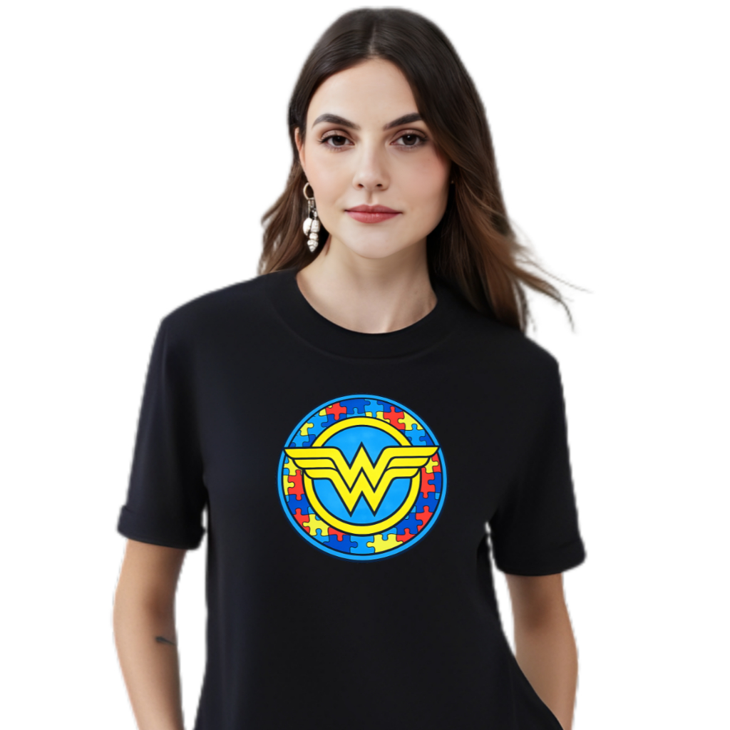 Camiseta Mulher Maravilha Autismo Blusa Espectro Autista TEA Camisa Especial Atipico 100% Algodão T Shirt Premium