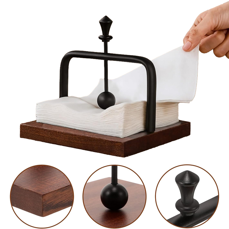Porta Guardanapo De Mesa Com Peso Alumínio Preto Base Madeira Nogueira 15cm