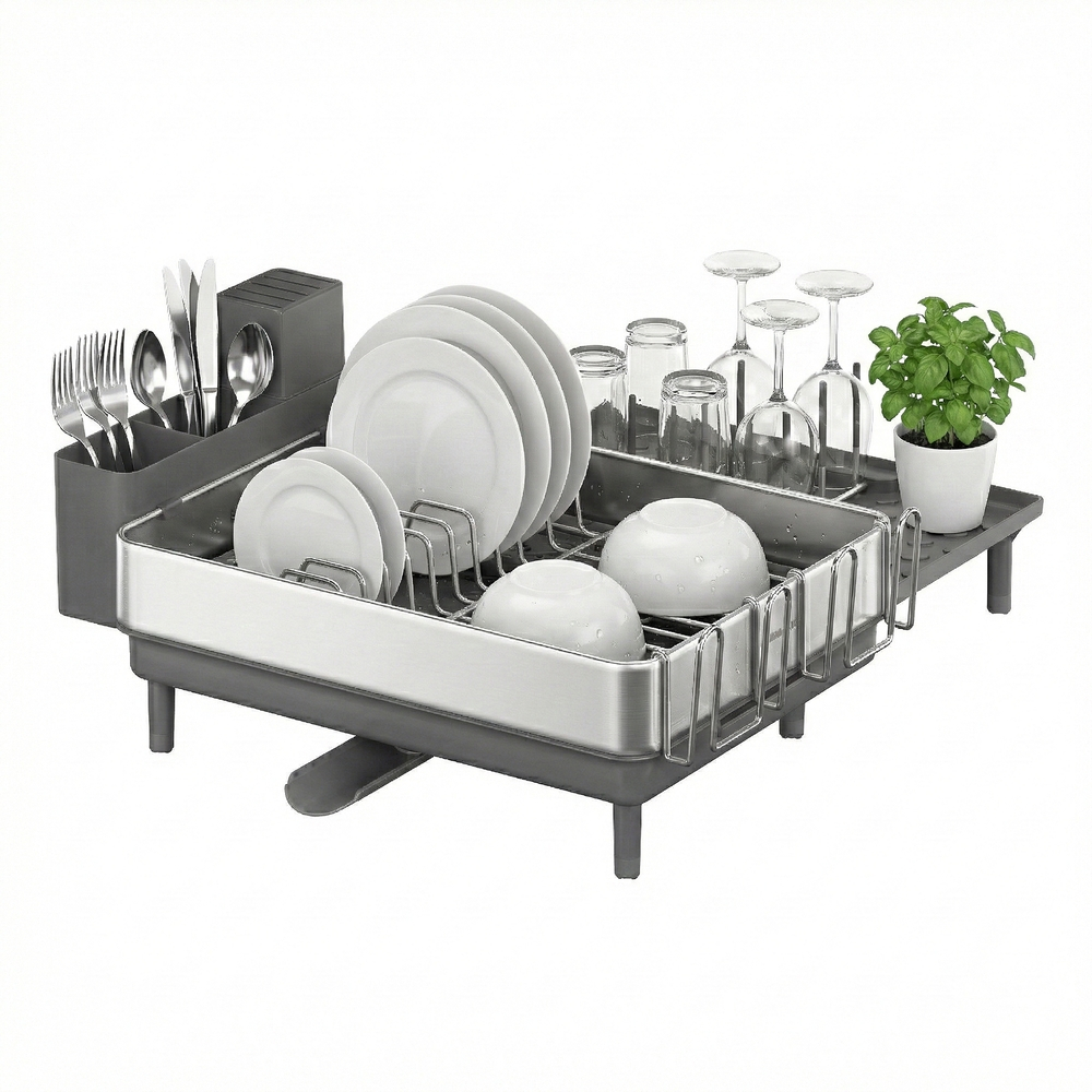 Imagem SONGMICS Escorredor de Louça Extensível Inox com suporte Para talheres e copos, bico extensível, cozinha, preto