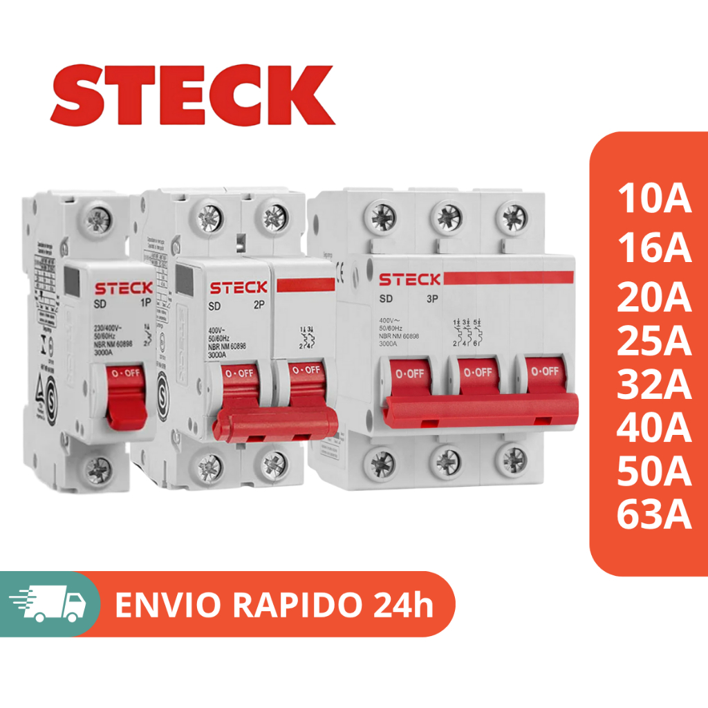 Disjuntor Steck SDD Curva C 3kA Unipolar Bipolar Tripolar 10A a 63A Residencial