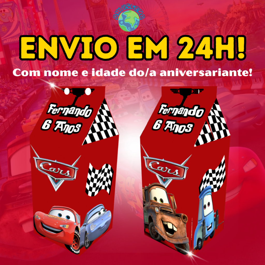 Caixinhas Carros Relâmpago McQueen Lembrancinha Milk Leite Personalizada Com Nome Aniversario Infantil Surpresa